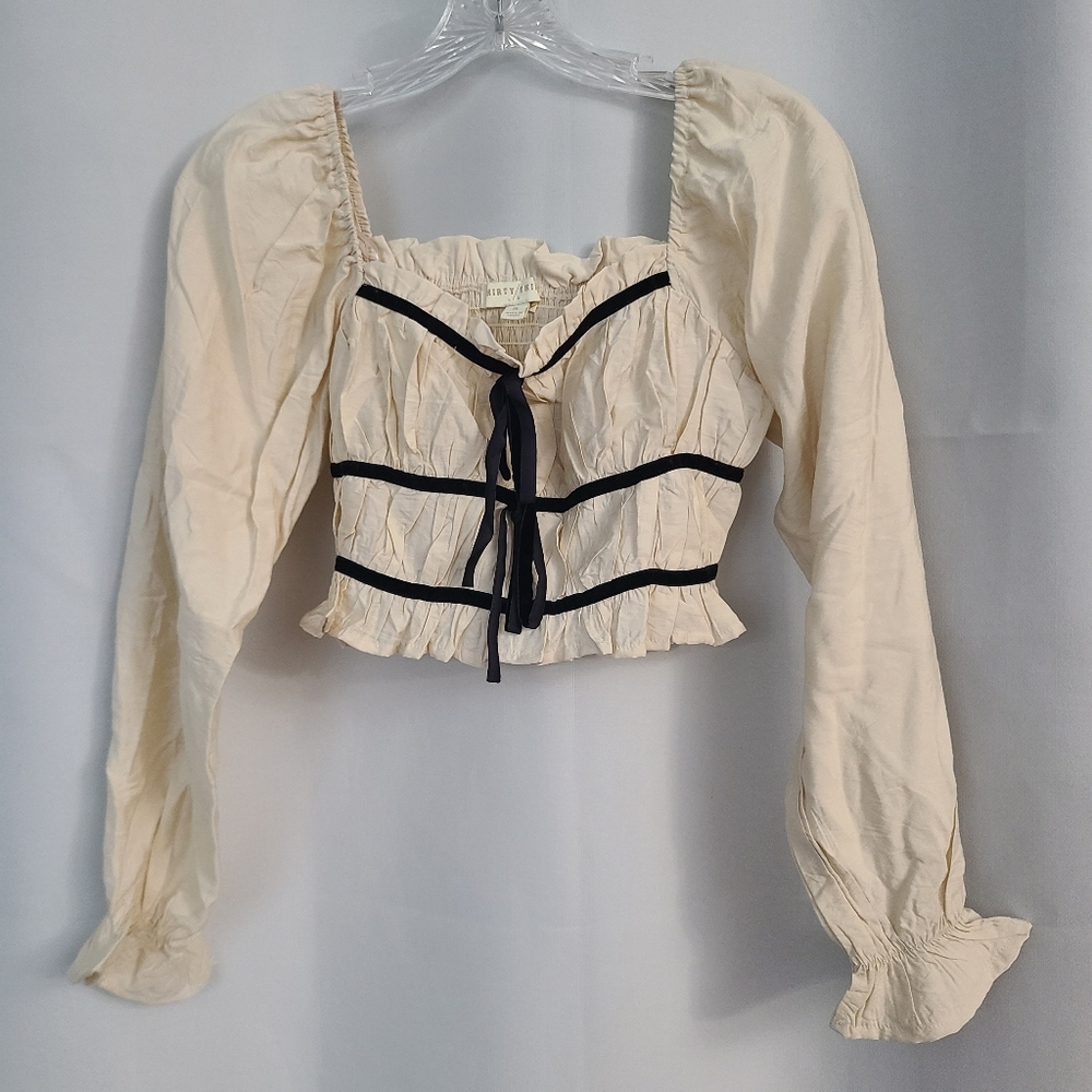 Thirty Thirty Sz S Beige Black Velvet Trim Bow Smocked Back Coquette Crop Top